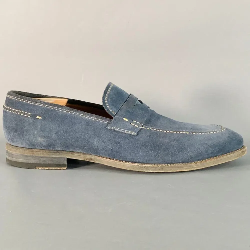MAGNANNI Size 11 Blue Grey Contrast Stitch Suede Penny Loafers